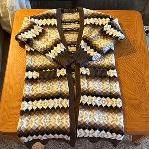 bobeau Brown Cream White Patterned Open Cardigan